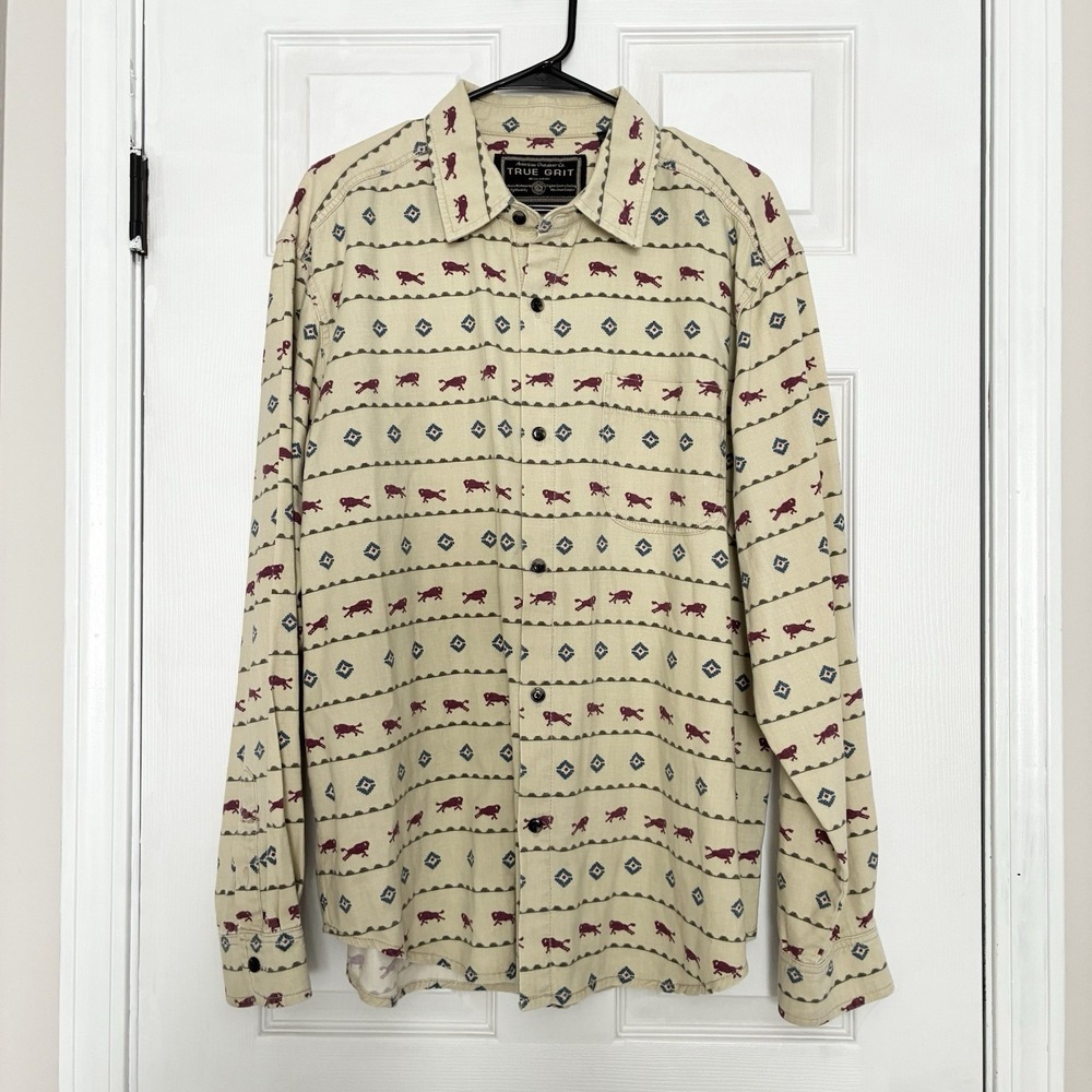 VTG True Grit Flannel Buffalo Bison Southwestern Western Button Shirt Yellow XL